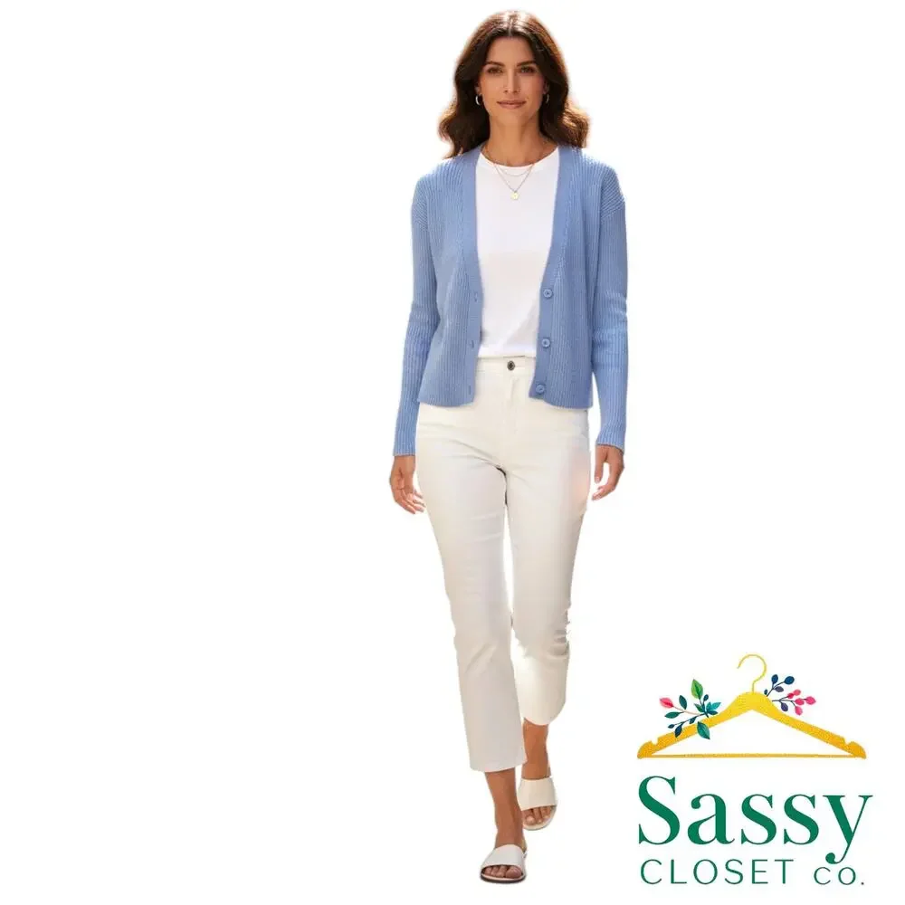 Cabi Snapshot Cardigan M Blue Cropped Ribbed Knit Snap V Neck Sweater 6173
